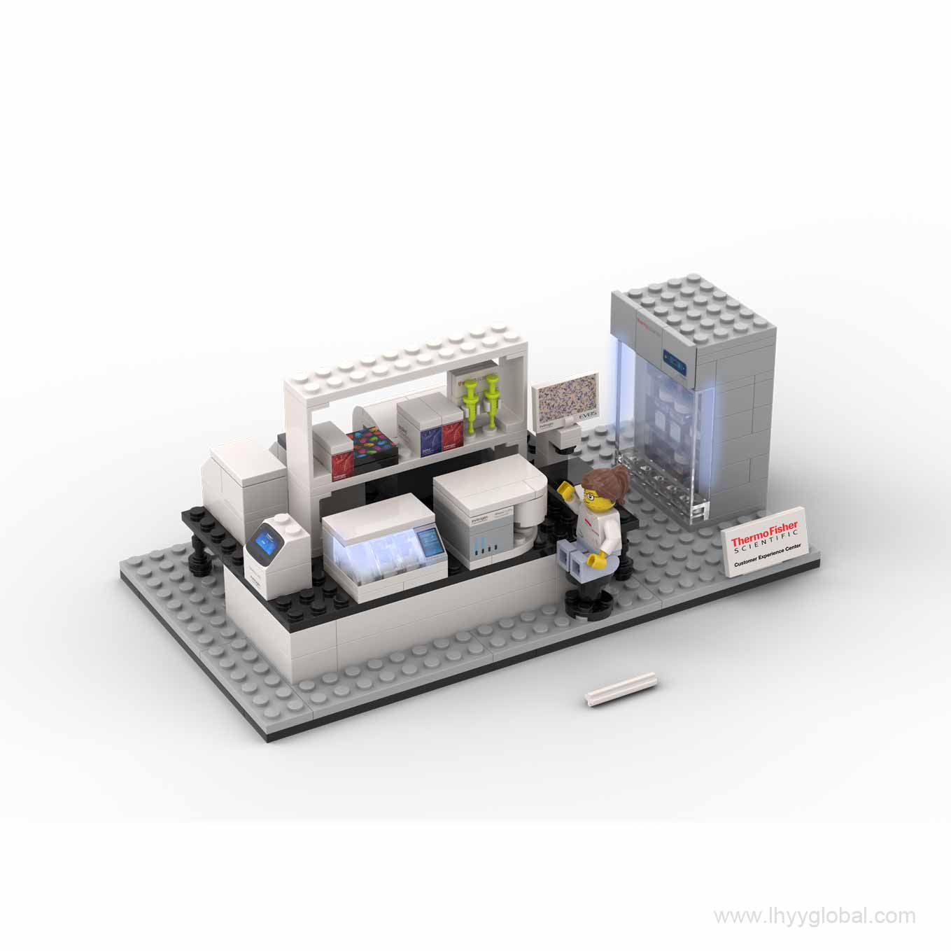 Front view of a custom LED science lab building block model for biotechnology corporate gifts