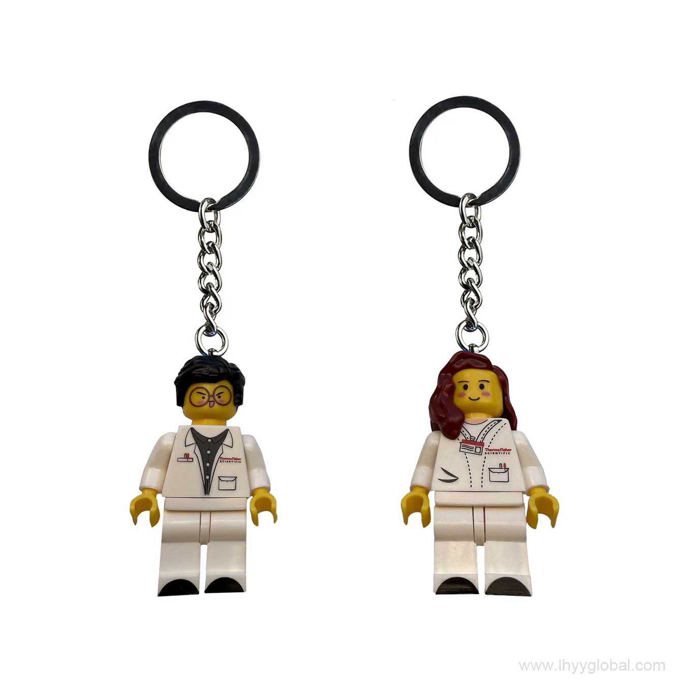 Premium Lego-compatible male scientist minifigure keychain with glasses, lab coat, and custom branding for biotech corporate gifting.