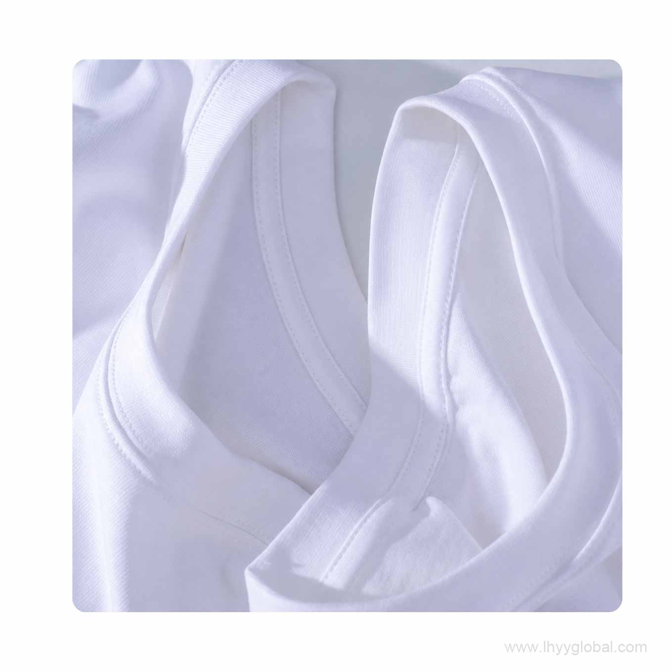 Close-up of the crew neck construction on a white custom short sleeve T-shirt