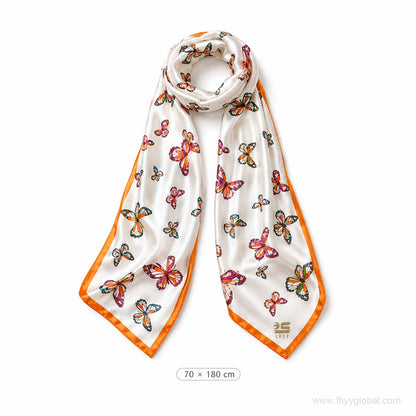 Custom 70x180cm long silk scarf with logo and branded butterfly pattern design