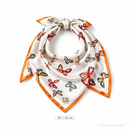 Custom 90x90cm square silk scarf with logo and branded butterfly pattern design