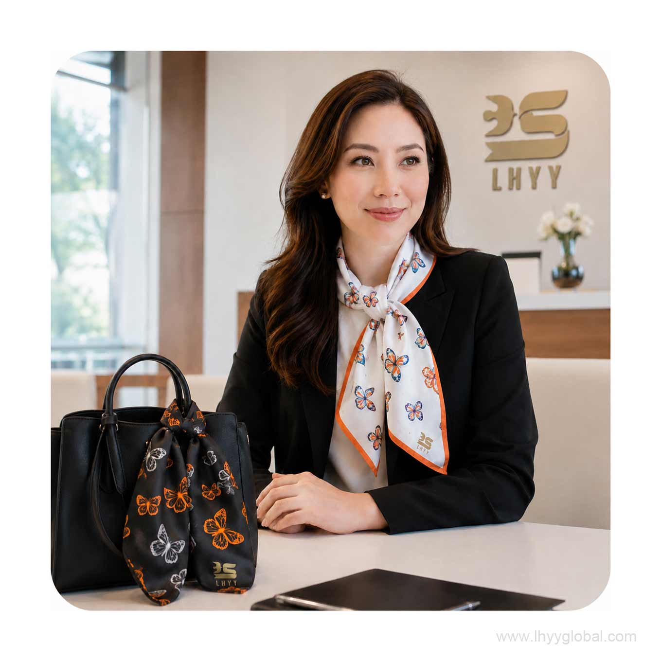 Woman wearing a white butterfly-pattern scarf with a matching black scarf tied to a handbag