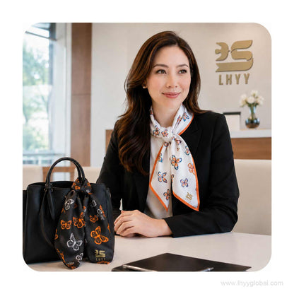Woman wearing a white butterfly-pattern scarf with a matching black scarf tied to a handbag