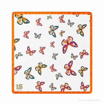 White custom square scarf with orange border, butterfly pattern and LHYY logo