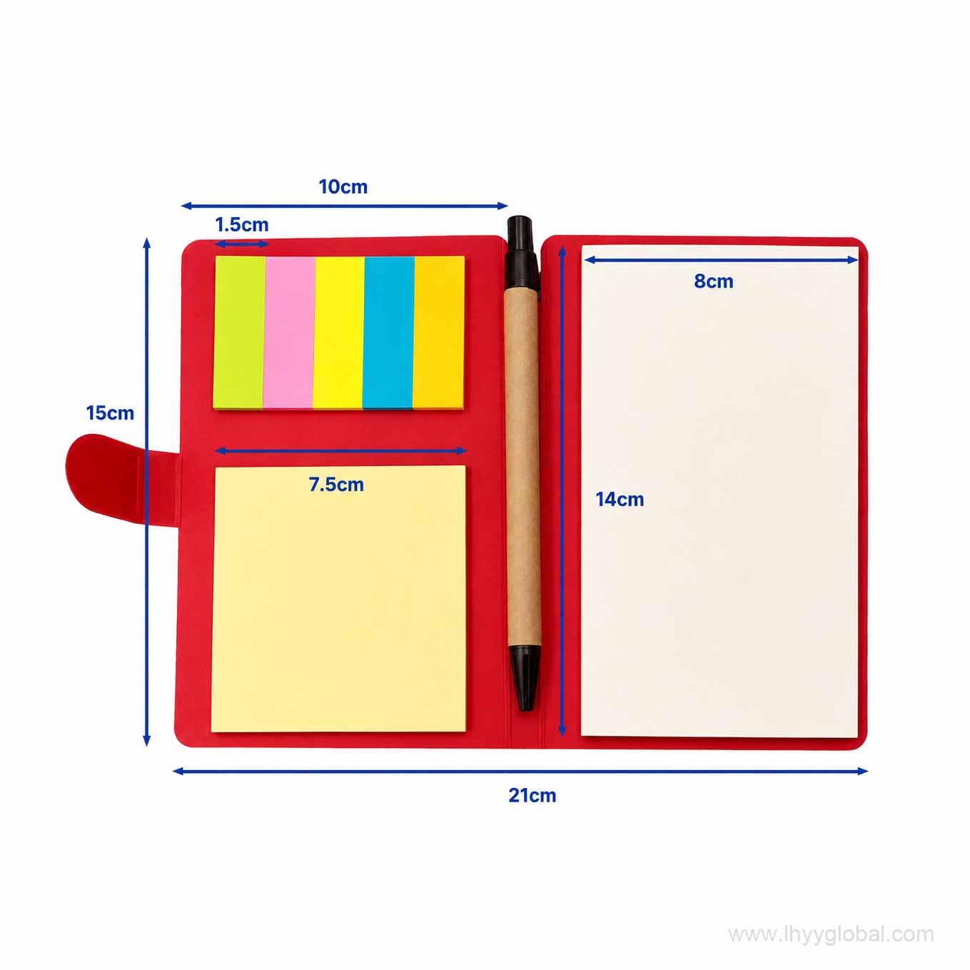 Size guide for custom sticky note notebook showing 15 by 10 cm cover and 14 by 8 cm memo pad