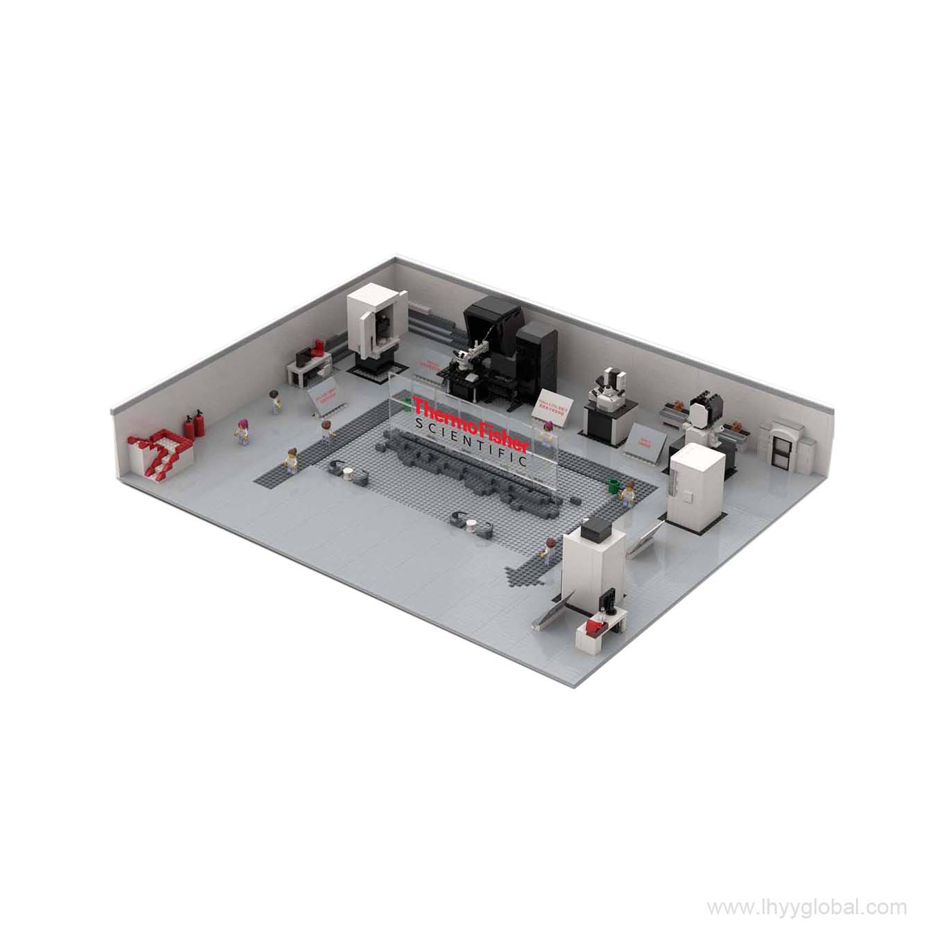 Interior view of the custom Thermo Fisher Scientific Cryo-EM laboratory building set, showcasing detailed monitors, laboratory equipment, and technician minifigures.