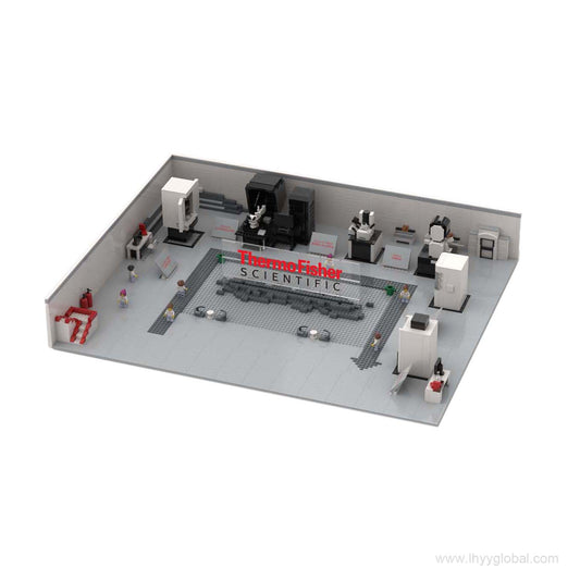 A detailed Lego-compatible building set of a modern Thermo Fisher Scientific Electron Microscopy Laboratory (Cryo-EM lab diorama), including microscopes, lab benches, and scientist minifigures.