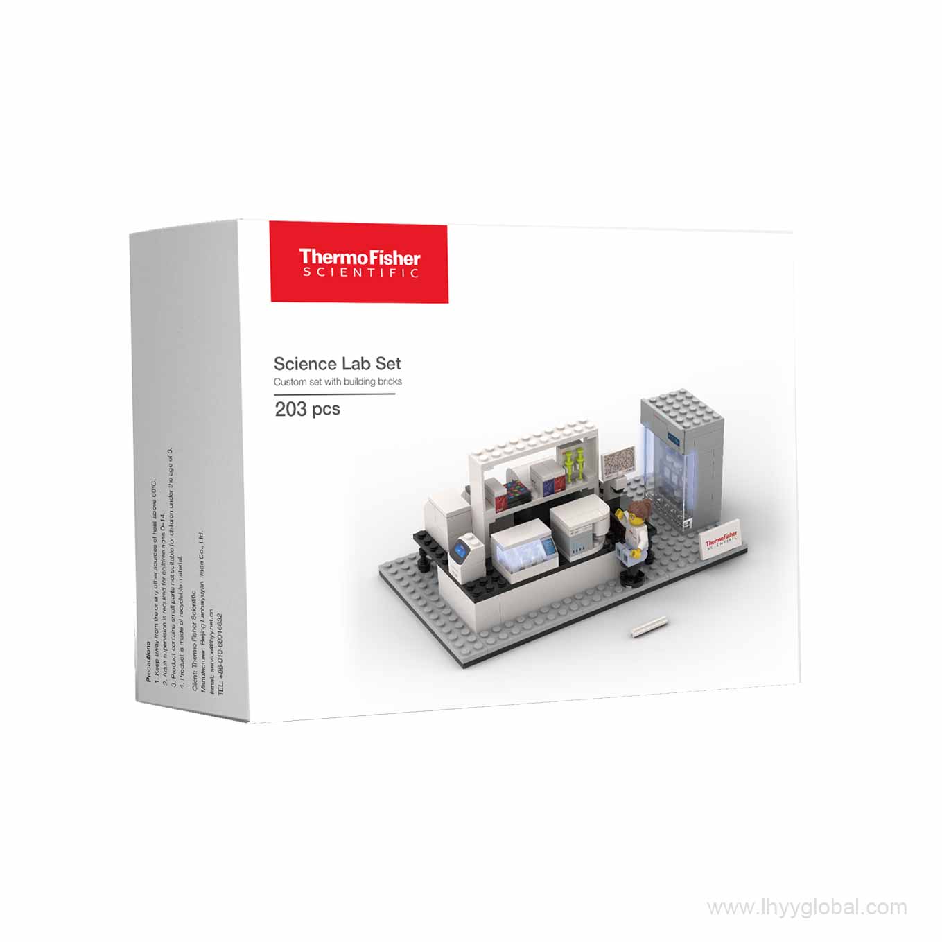 Custom Thermo Fisher science lab LED building block set displayed with branded packaging