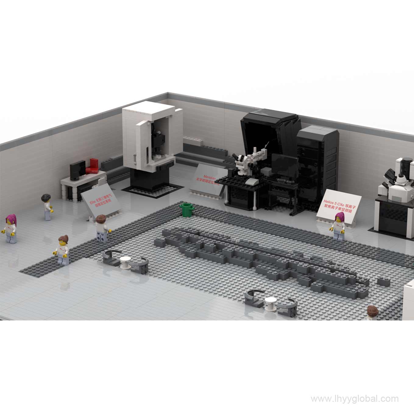 A detailed view of the intricate Thermo Scientific Cryo-EM microscope model made from building blocks, showing the complex internal column and external piping next to a scientist minifigure for scale.