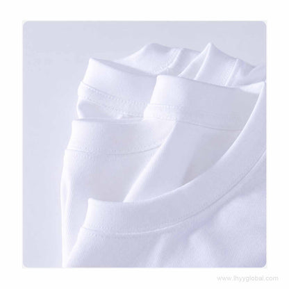 Multiple white short sleeve T-shirts showing crew neck collar construction