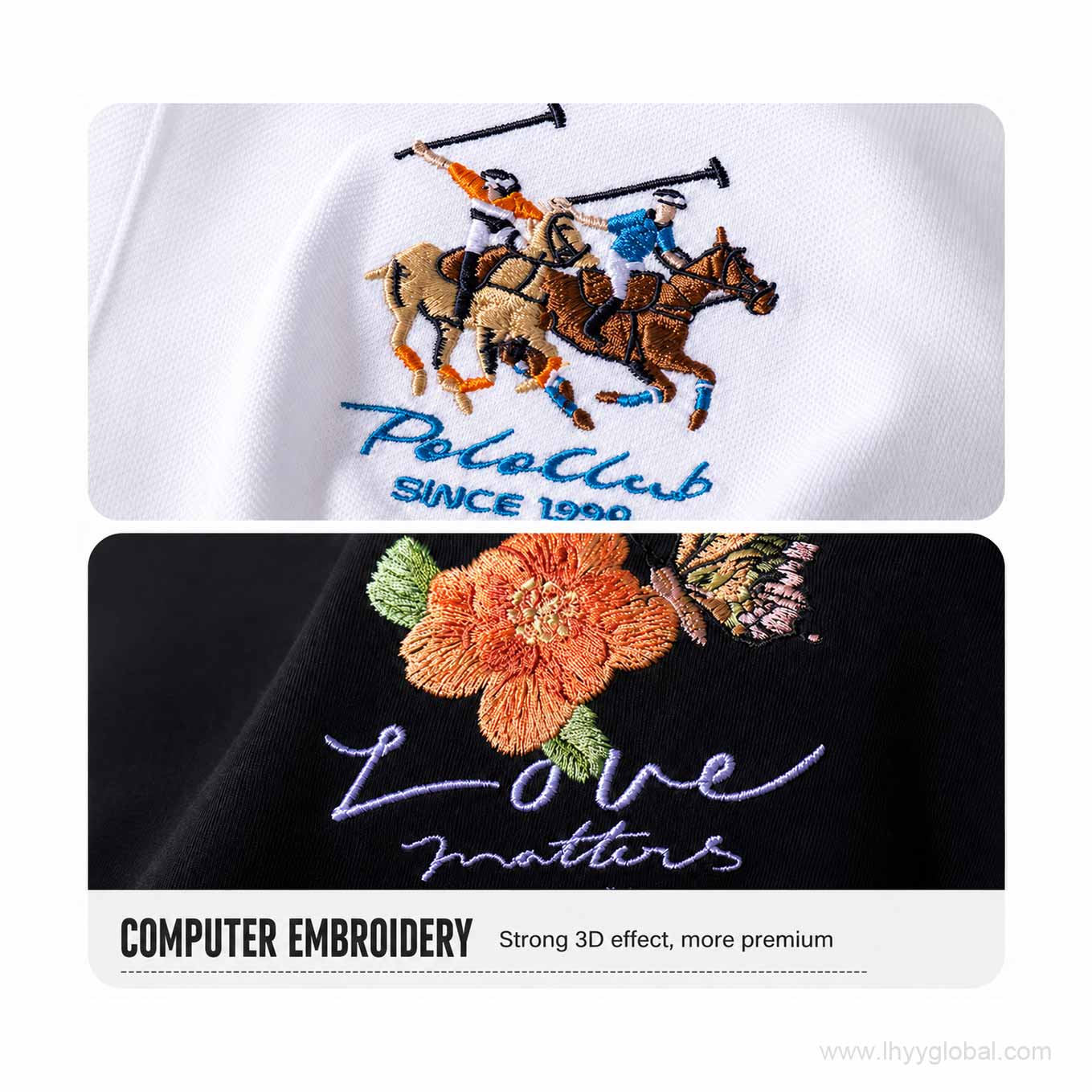 Computer embroidery examples for custom logos and graphics on short sleeve T-shirts