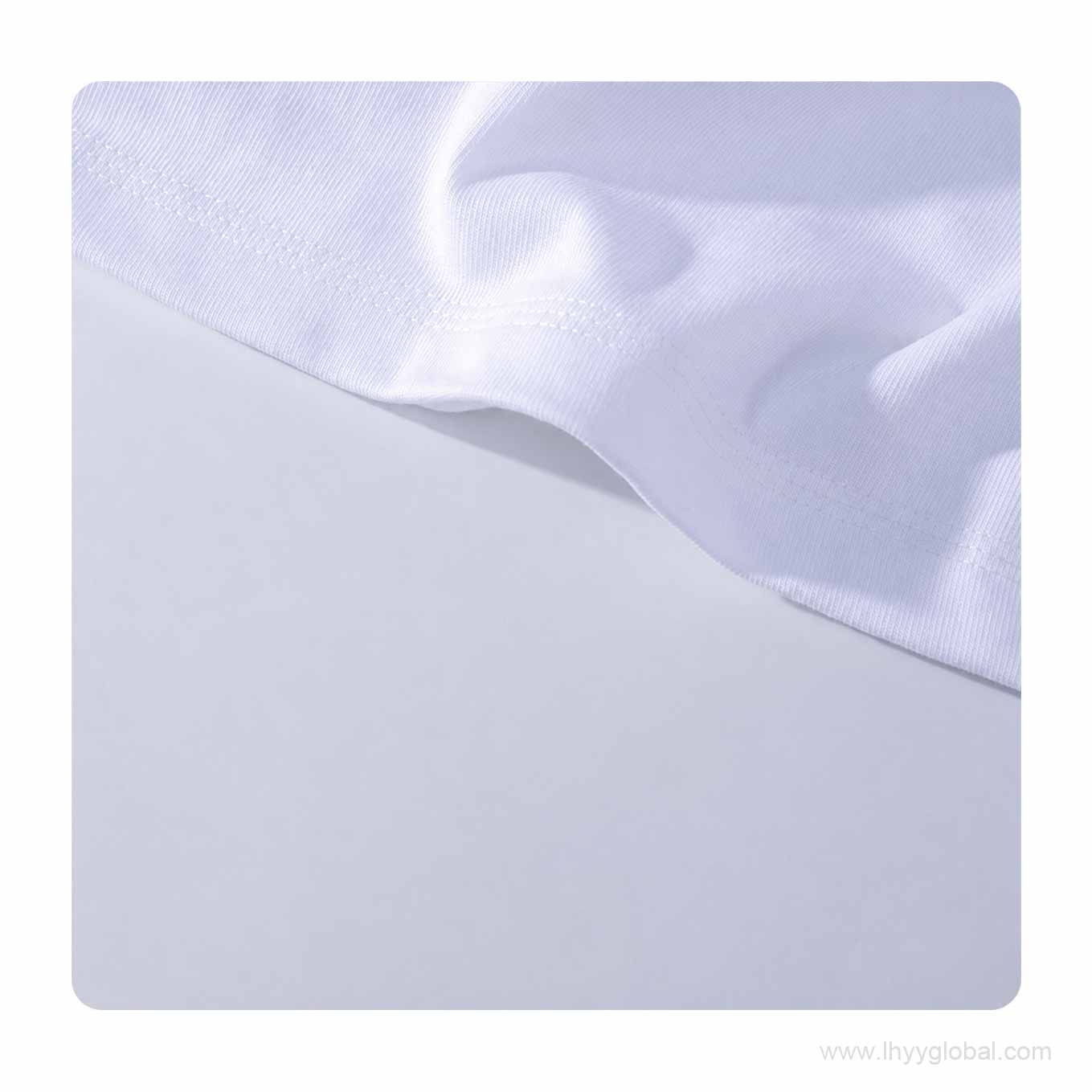 Close-up of fabric surface and seam stitching on a white short sleeve T-shirt