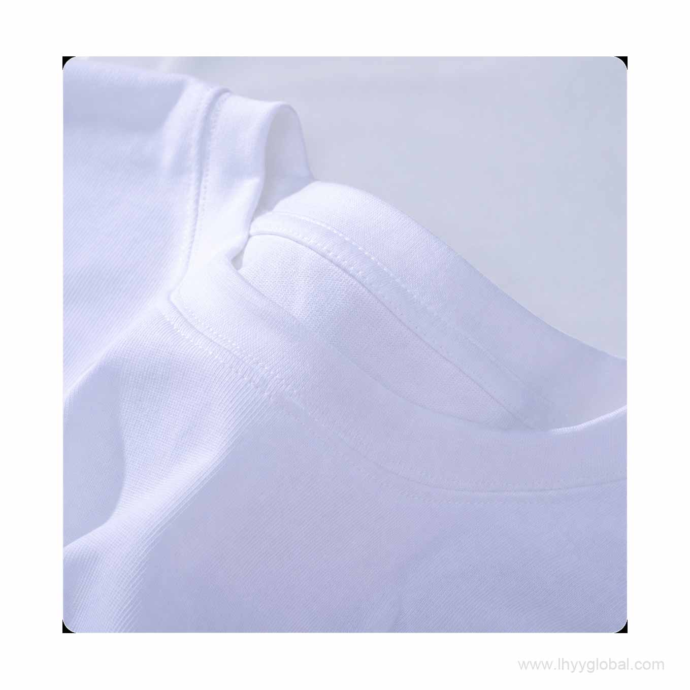 Close-up of neckline stitching on a white customizable corporate T-shirt