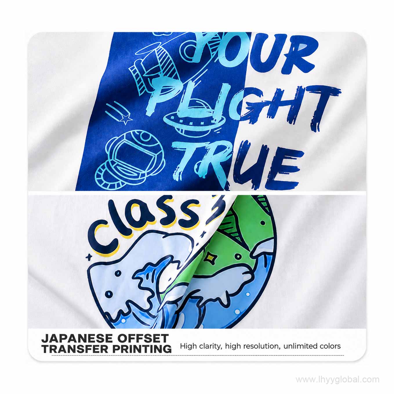 Offset transfer printing examples for detailed multi-color T-shirt artwork