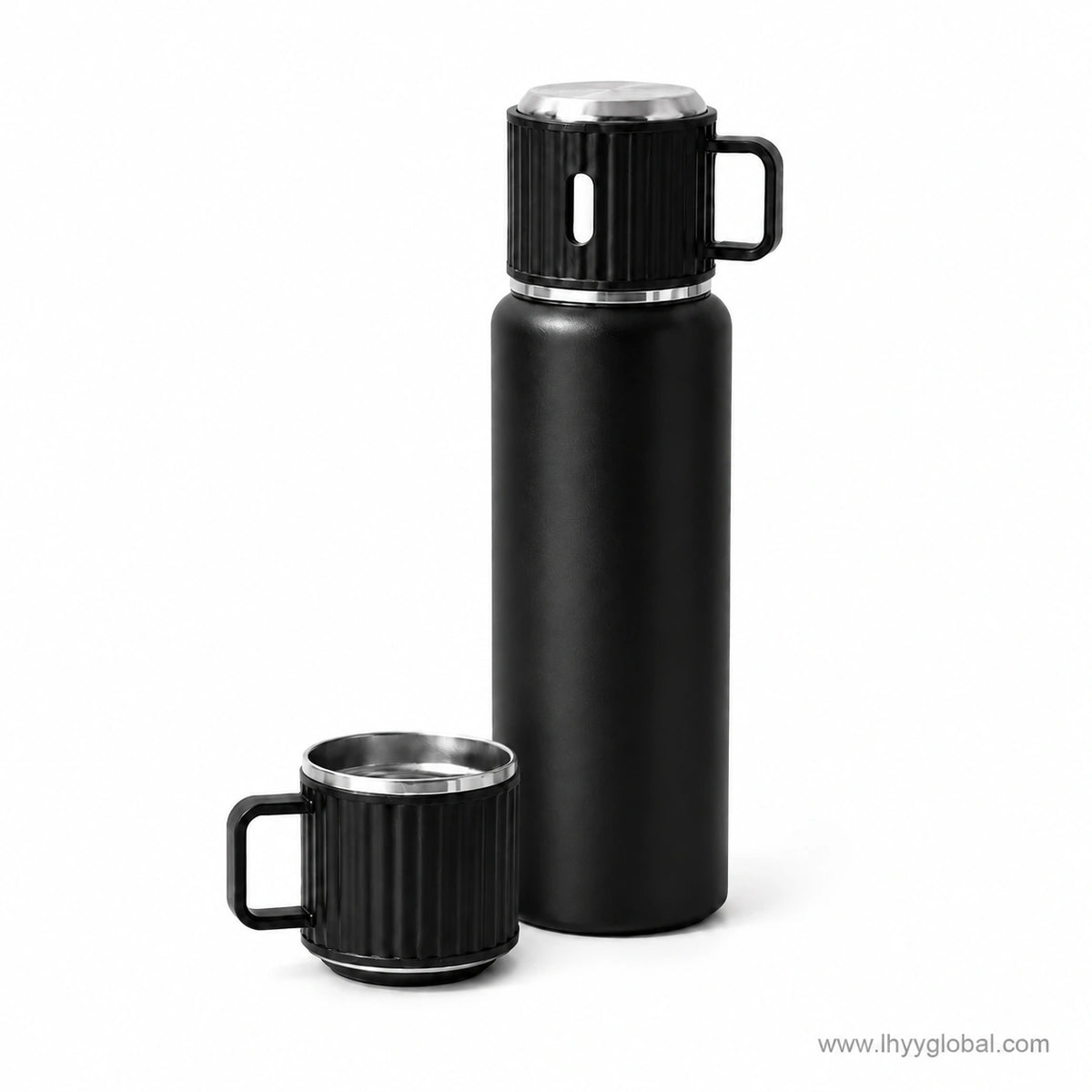 Black custom vacuum insulated bottle with detachable cup lid on white background