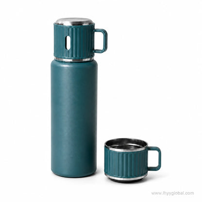 Blue custom vacuum insulated bottle with detachable cup lid on white background