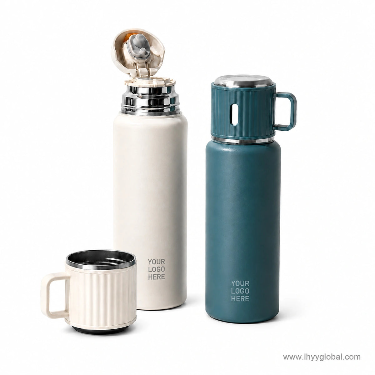Custom vacuum insulated bottles in white and blue with detachable cup lid