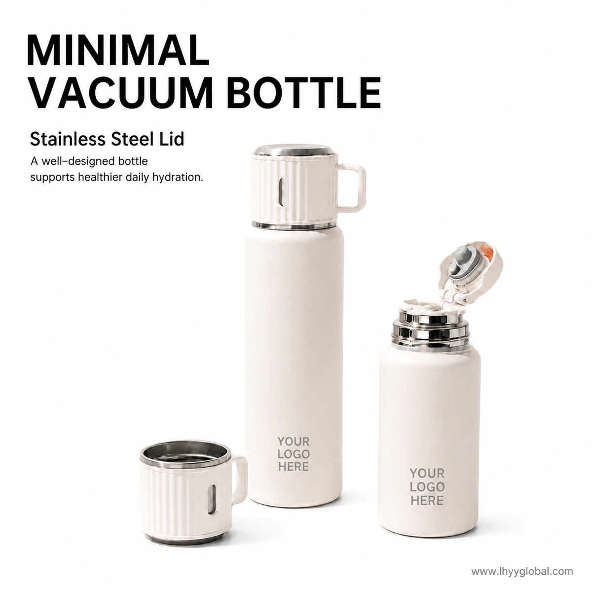 Custom vacuum insulated bottle with detachable cup lid and logo customization area
