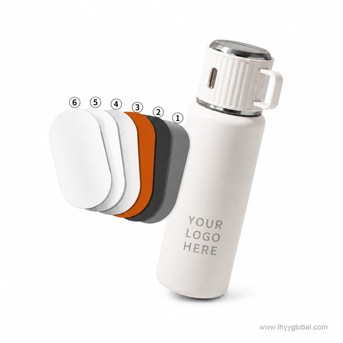 Custom vacuum insulated bottle with six material and finish samples displayed beside the bottle