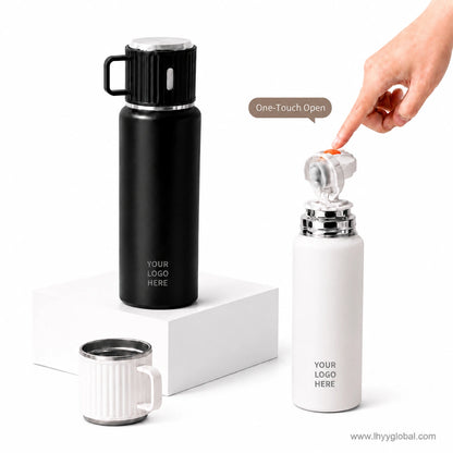 Custom vacuum insulated bottle with one-touch opening mechanism and detachable cup lid