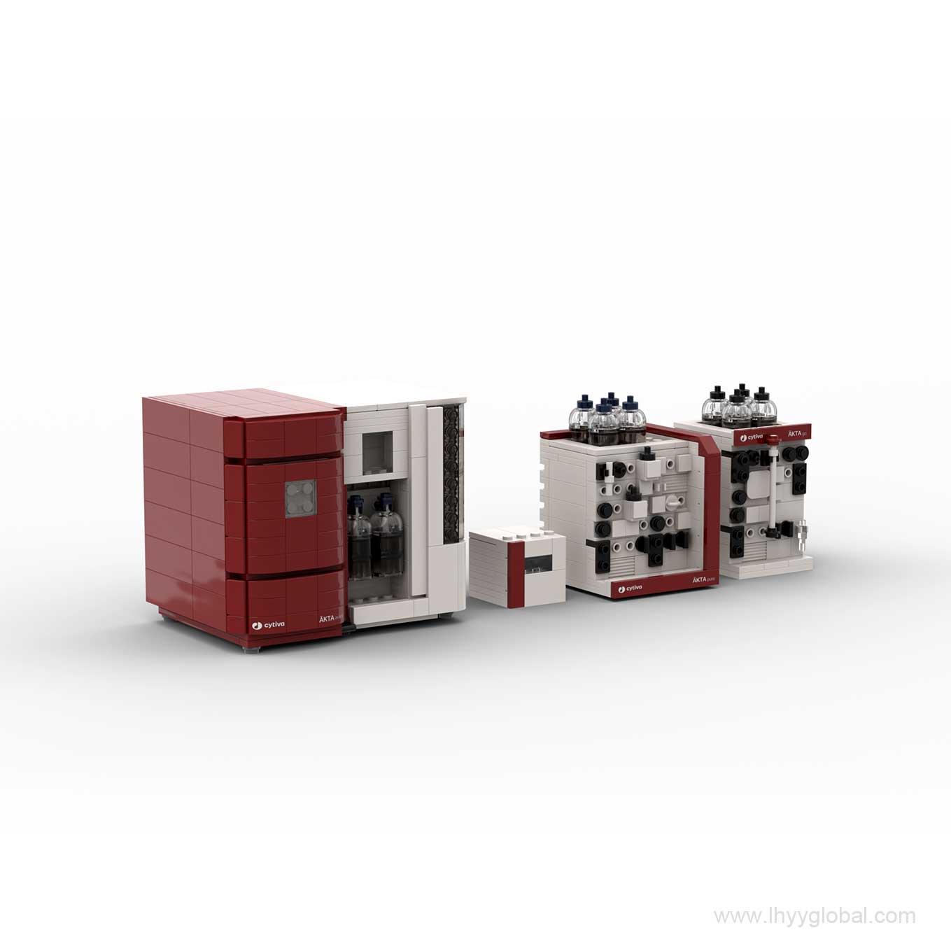 Lego-compatible Cytiva ÄKTA Pure protein purification building block model on a white background
