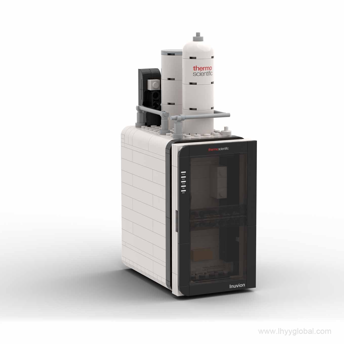 Dionex Inuvion IC-inspired building block model in gray, black and white on a white background