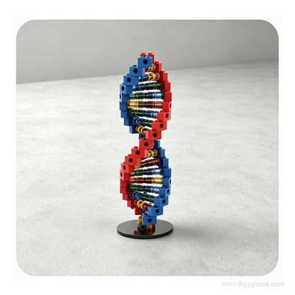 Freestanding DNA double helix building block model on a black circular base