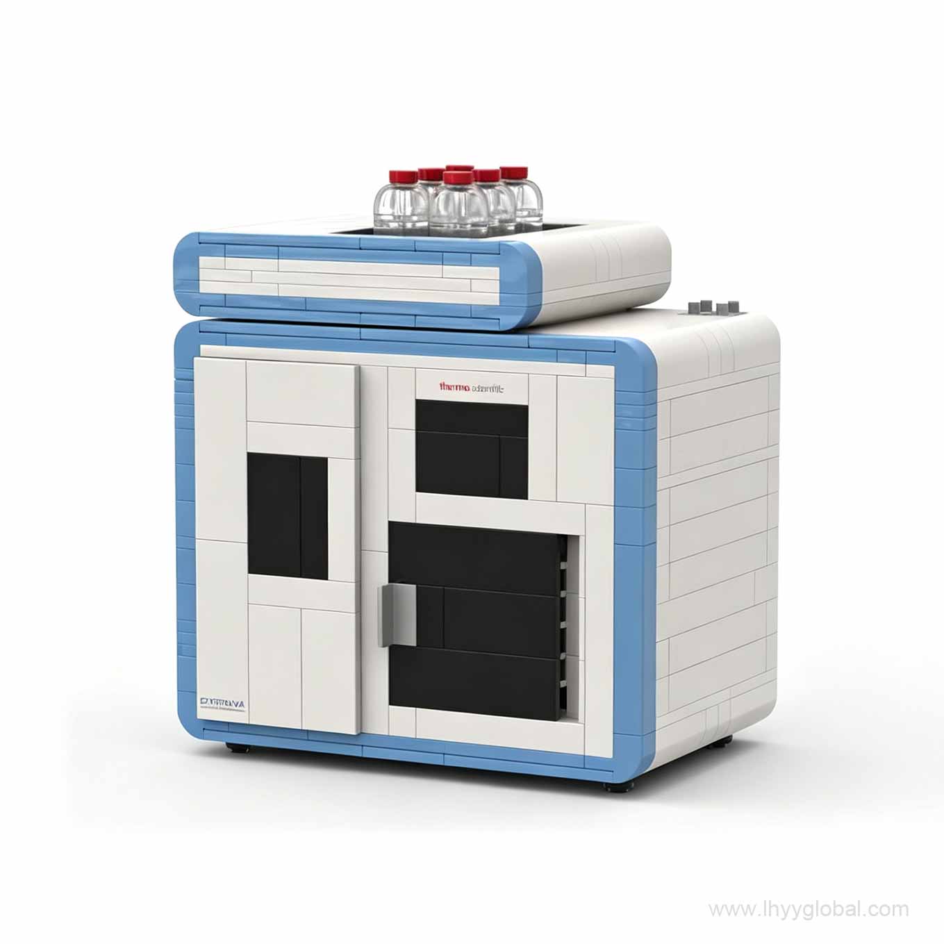 Front-left angle of custom Extreva ASE ABS building block display model