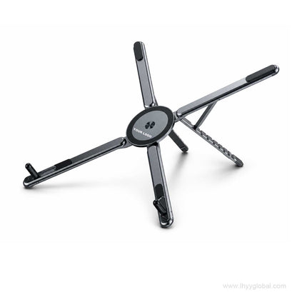 Foldable magnetic device stand fully opened for laptop, tablet and smartphone support