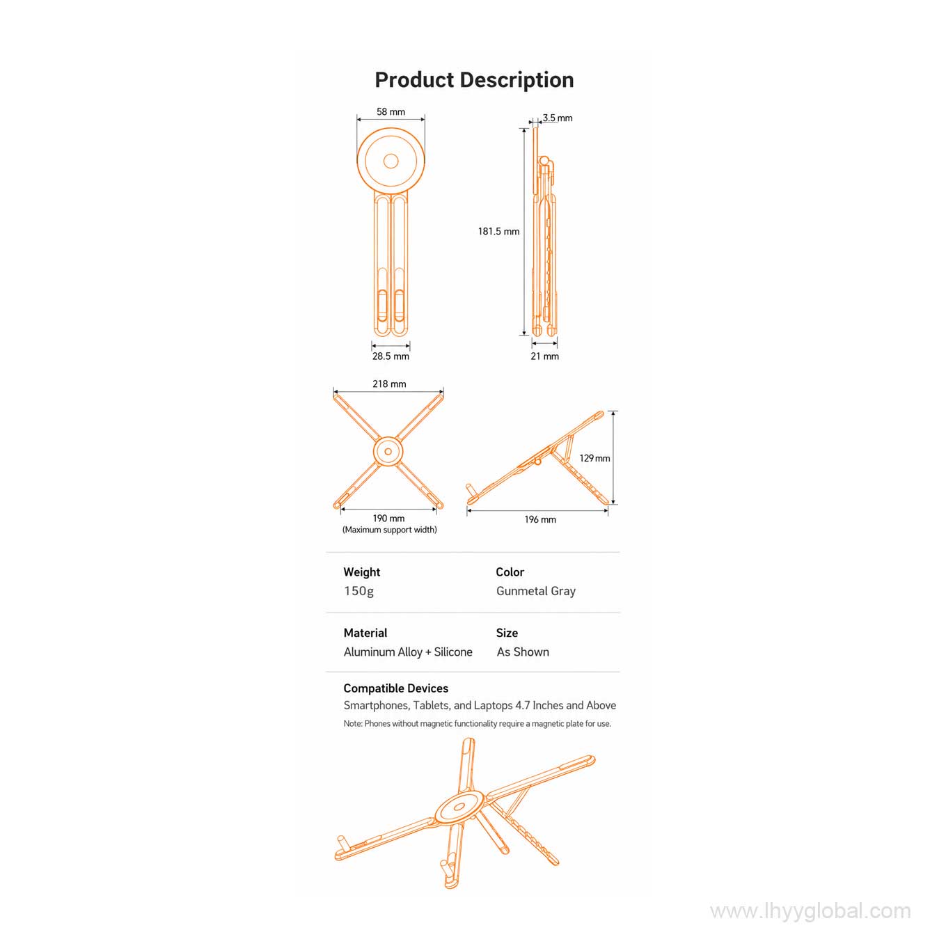 Foldable magnetic laptop and phone stand dimensions, material, weight and compatibility specifications