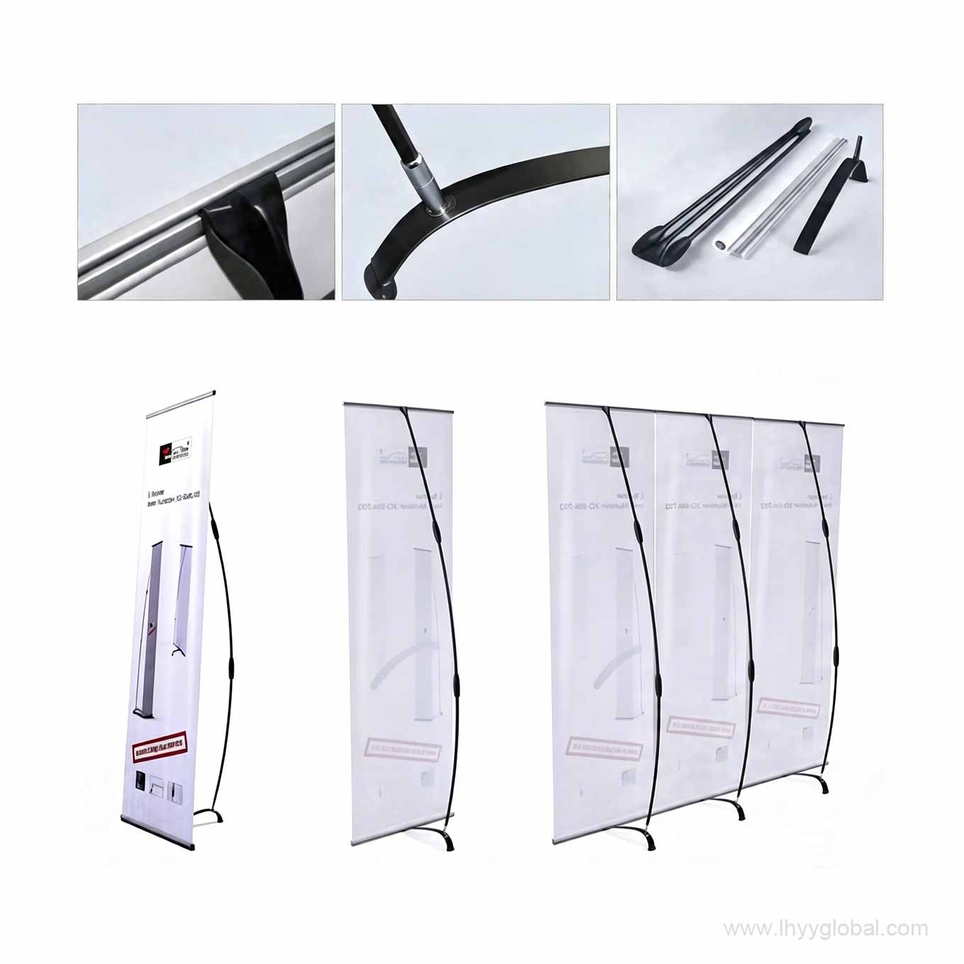 GH-703 L-banner stand components and modular banner layout examples