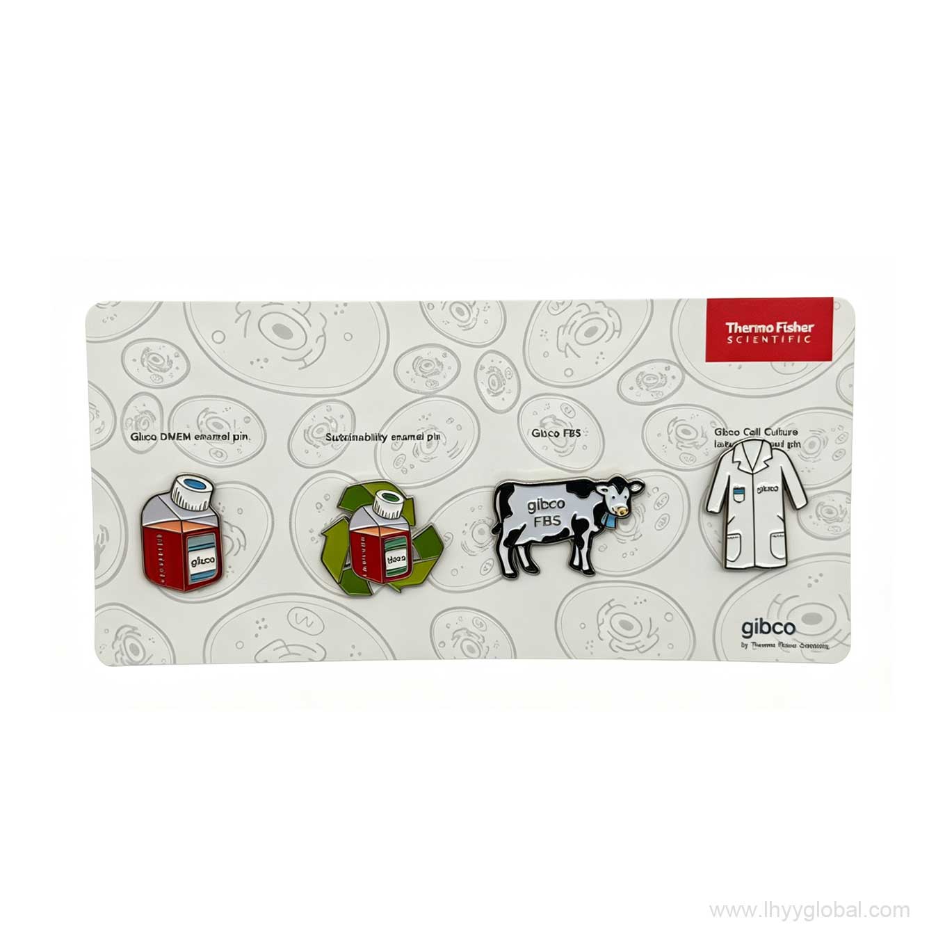 Four Gibco-themed hard enamel lab pins featuring a DMEM bottle, sustainability symbol, FBS cow and cell culture lab coat on a printed backing card