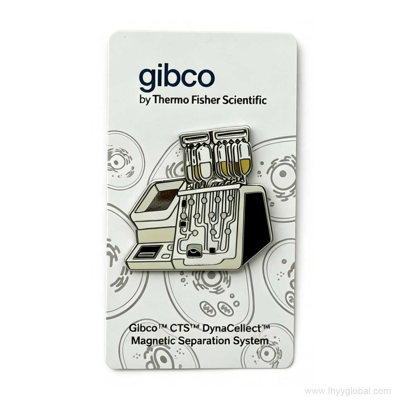 Gibco CTS DynaCellect custom hard enamel pin on branded backing card