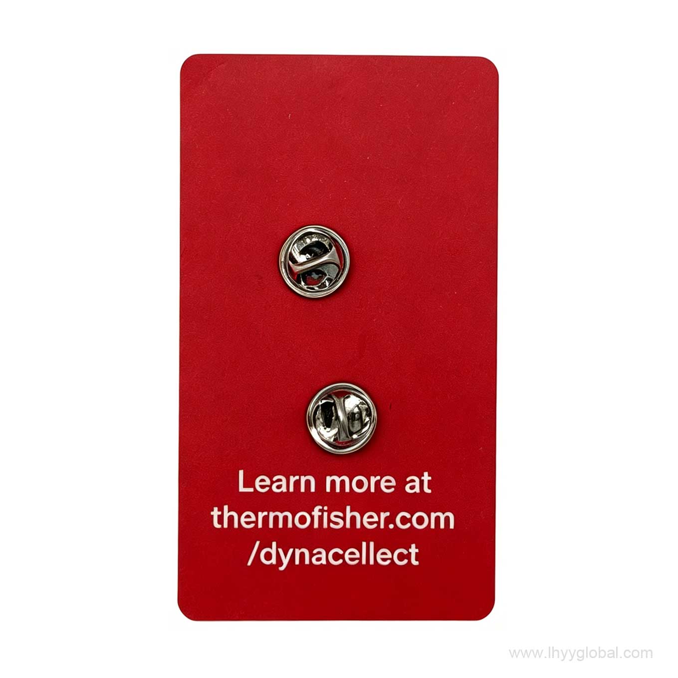 Reverse of DynaCellect enamel pin backing card with two butterfly clutch fasteners