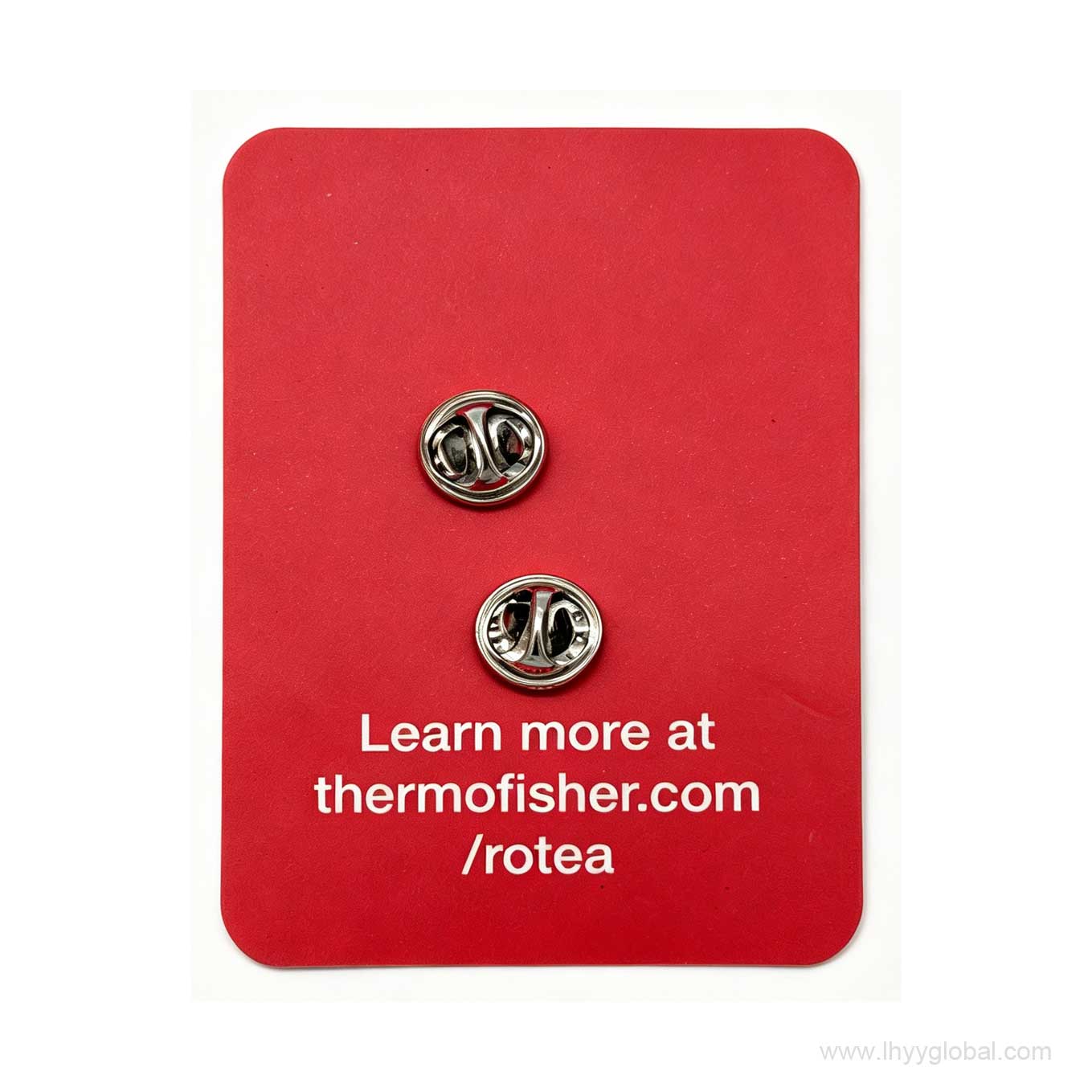 Back view of the Gibco CTS Rotea enamel pin featuring two durable silver butterfly clutches and a red branded backing card.