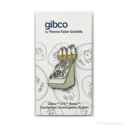 Custom hard enamel lapel pin of the Gibco CTS Rotea Counterflow Centrifugation System on a branded backing card, ideal for biotech corporate swag.