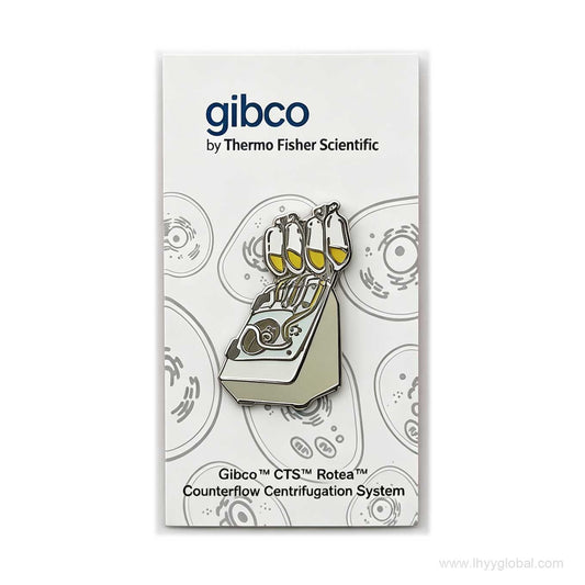 Custom hard enamel lapel pin of the Gibco CTS Rotea Counterflow Centrifugation System on a branded backing card, ideal for biotech corporate swag.