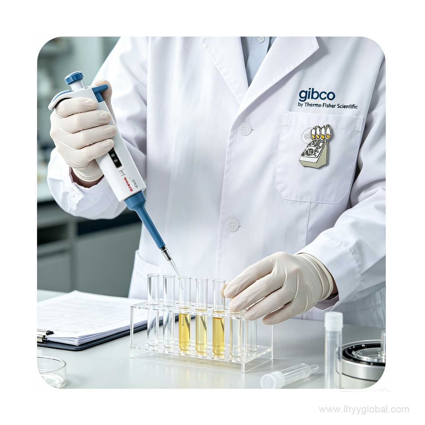 Gibco CTS Rotea enamel pin worn on a laboratory scientist's lab coat pocket, demonstrating its use as a professional cell therapy promotional gift.