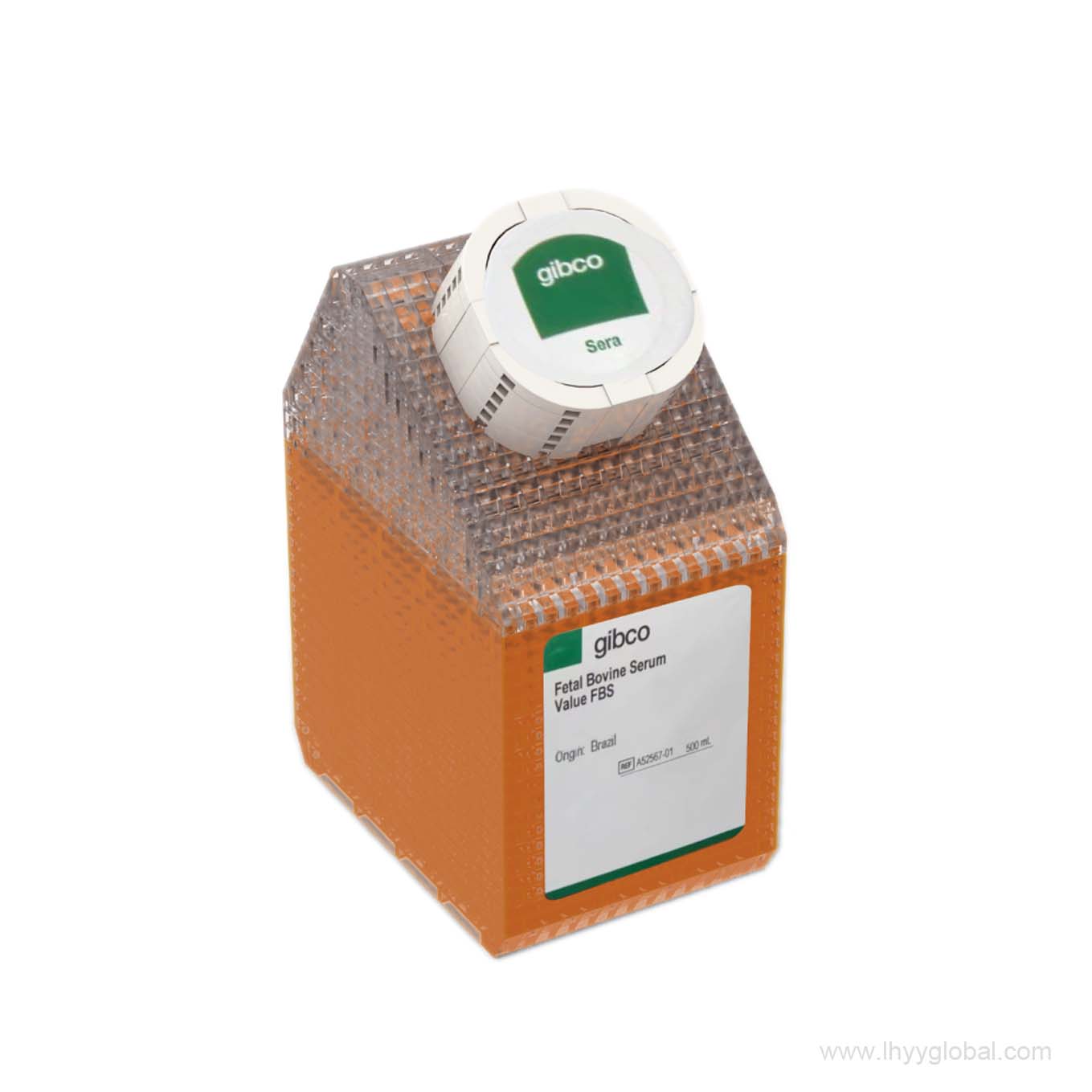 Front view of the Gibco FBS bottle micro building block display model