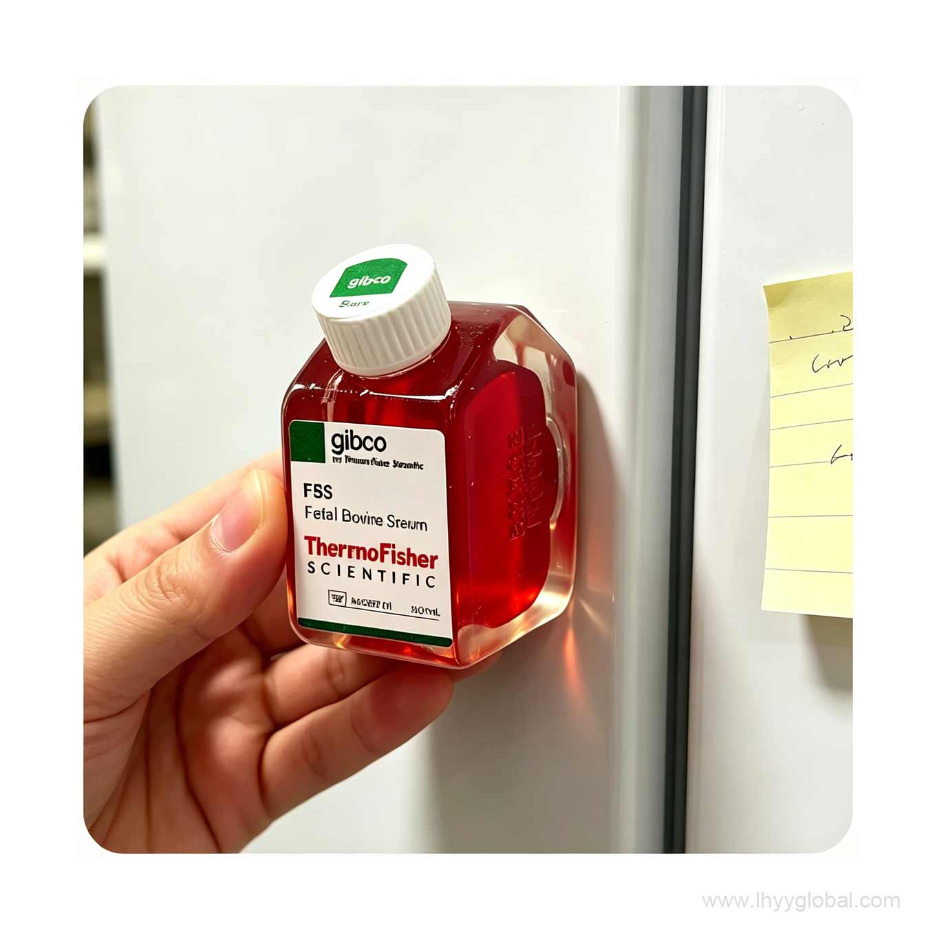 Authentic Gibco fridge magnet held on a lab refrigerator, showcasing a realistic 3D FBS bottle design for biotech lab decor.