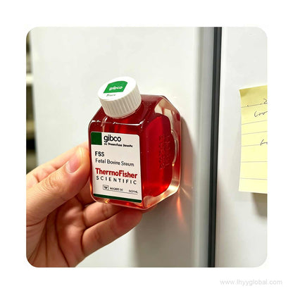 Authentic Gibco fridge magnet held on a lab refrigerator, showcasing a realistic 3D FBS bottle design for biotech lab decor.