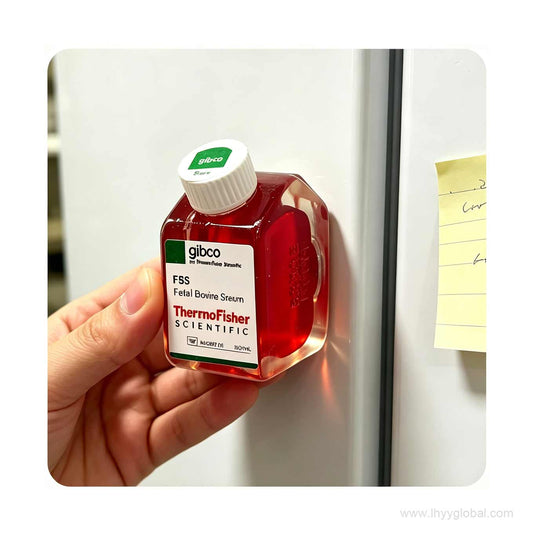Authentic Gibco fridge magnet held on a lab refrigerator, showcasing a realistic 3D FBS bottle design for biotech lab decor.