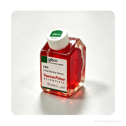 Studio close-up of the Thermo Fisher Gibco fridge magnet, featuring highly detailed reproduction of the FBS label and red liquid mimicry.