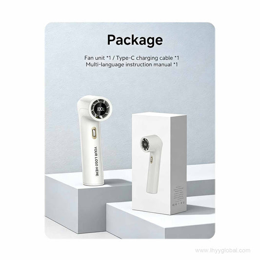 Packaging contents overview, showing the fan unit, a Type-C charging cable, and a multi-language instruction manual included in the box.