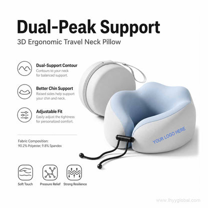 Ice blue ergonomic travel neck pillow with dual-peak support, adjustable fit and portable storage case
