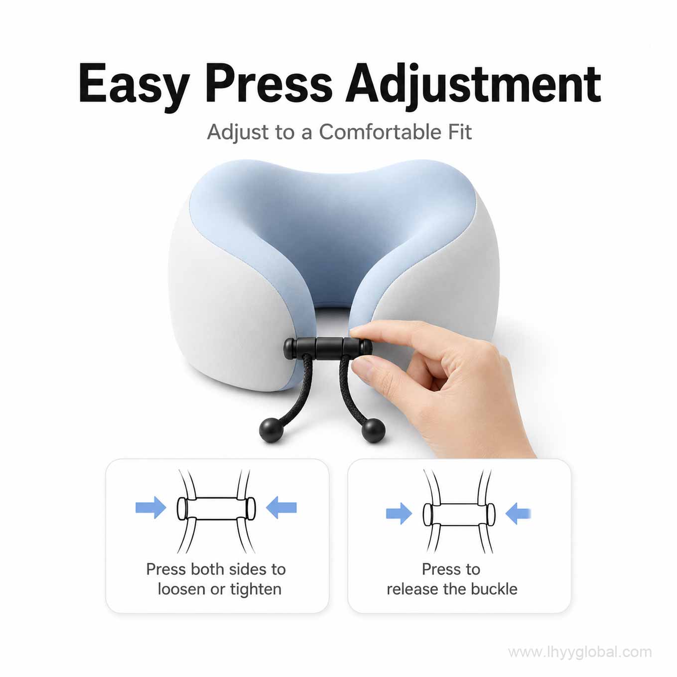 Ice blue memory foam travel neck pillow with adjustable buckle for customized comfort and secure fit