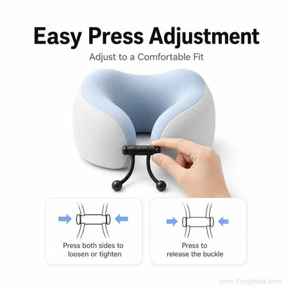 Ice blue memory foam travel neck pillow with adjustable buckle for customized comfort and secure fit