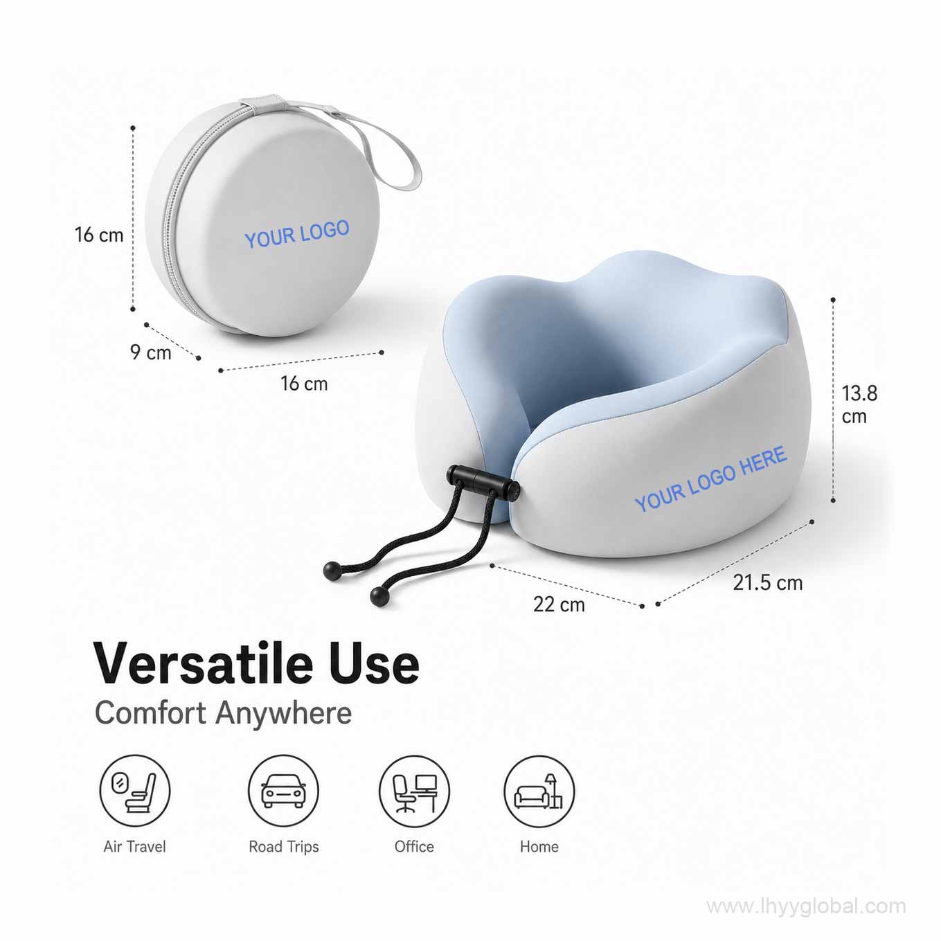 Ice blue memory foam travel neck pillow with portable storage case for air travel, road trips, office and home use