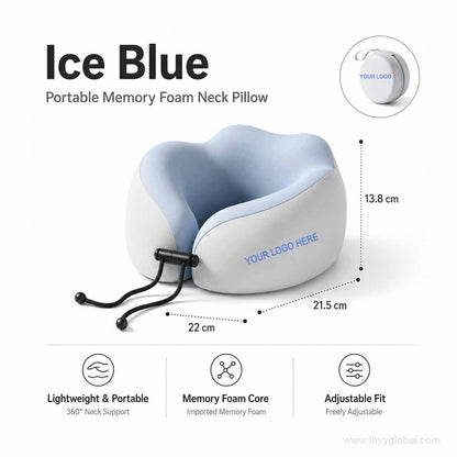 Ice blue memory foam travel neck pillow with adjustable fit and lightweight portable design