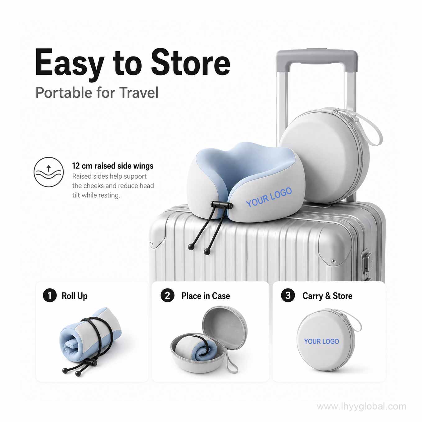 Ice blue travel neck pillow with portable storage case for easy packing and travel use